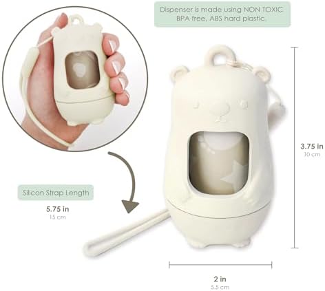 Moodie teddy bear baby poop bag dispenser hanging from a stroller handle using its flexible silicone strap.