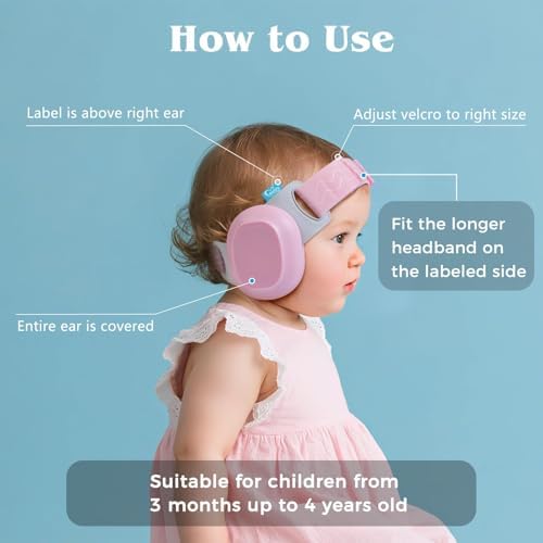 Infant wearing pink noise protection earmuffs outdoors