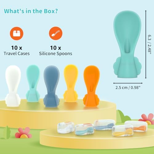 Close up view of the food grade silicone pouch spoons for toddlers attached to a standard puree pouch.