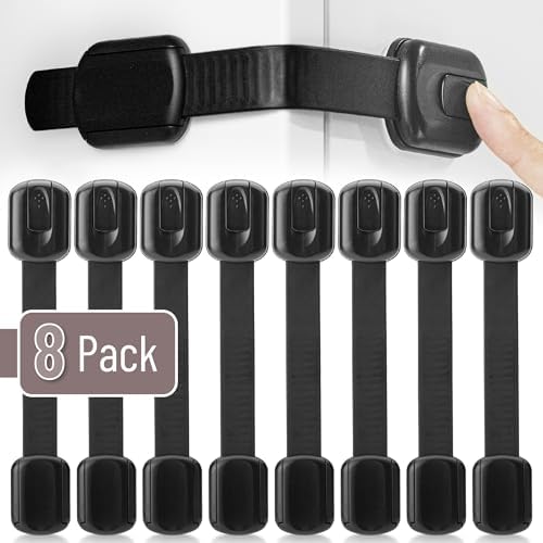 Adjustable child proof drawer lock strap extended to maximum length on furniture