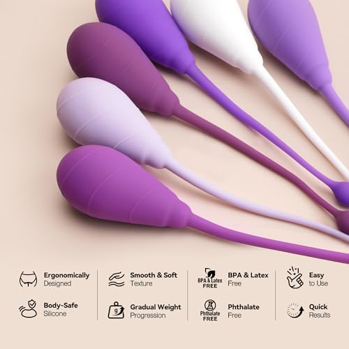 Six graduated silicone weights for progressive pelvic floor exercise.