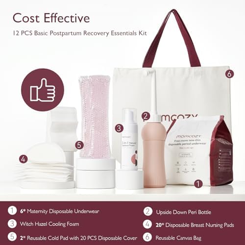 Momcozy labor and delivery care kit components including cooling foam and gel pads.