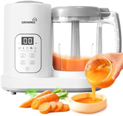 GROWNSY multi-function food processor blending fresh vegetable puree inside the transparent mixing jar.
