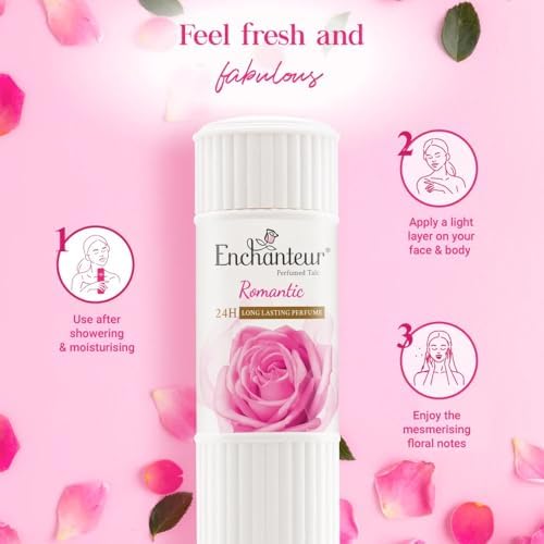 Enchanteur Romantic floral fragrance talc pack for long lasting freshness.