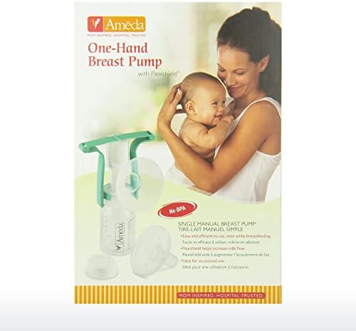 BPA-free Ameda manual breast pump set inside retail packaging view.