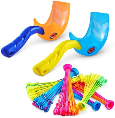 Lightweight aerodynamic slingshot launcher propelling a colorful tropical water balloon