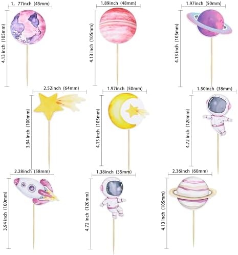 Pink space themed party cupcake toppers with rocket and moon designs