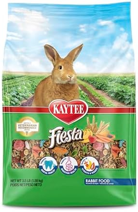 Kaytee Fiesta rabbit diet mix showing real fruits grains and timothy hay blend