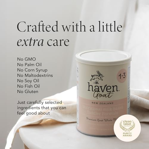 Haven whole goat milk powder packaging highlighting the New Zealand grass fed source.