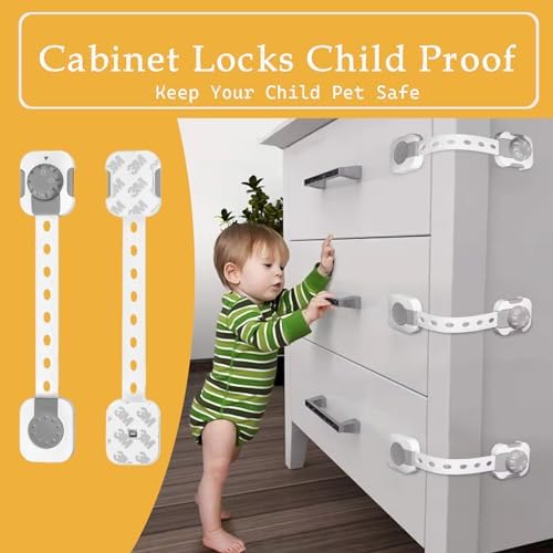 Fursafe&Q adjustable child safety strap lock installed on a white kitchen cabinet drawer preventing toddler access.