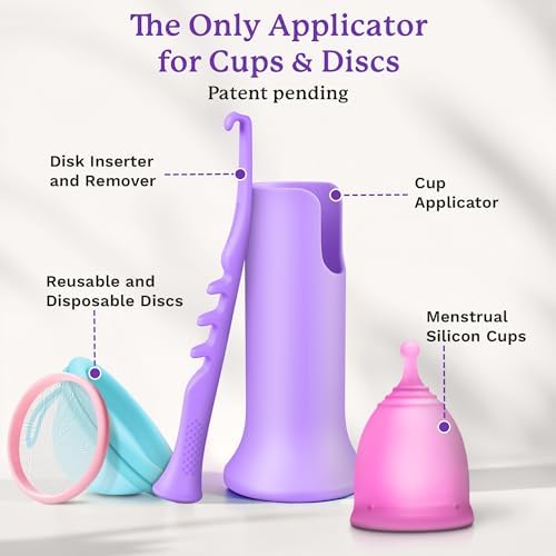 Purple silicone menstrual cup applicator shown with a folded period cup for insertion.