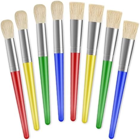 Vibrant assortment of DAJING preschool paint brushes laid out to demonstrate the thick plastic handle design.
