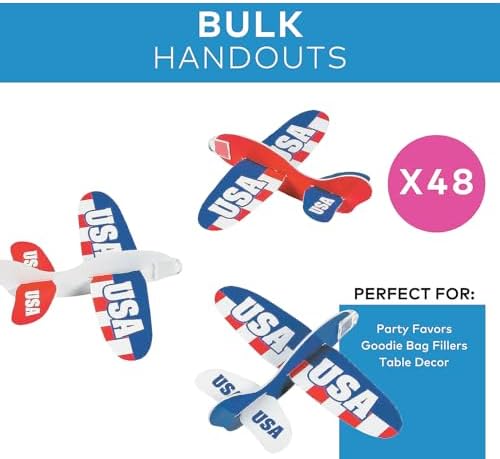 Fun Express USA patriotic themed foam gliders spread out as party favors and outdoor flying games for kids