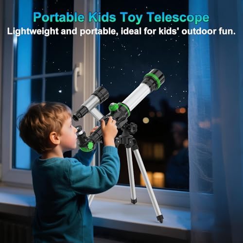 A young explorer adjusting the focus knob on the ToyerBee portable travel telescope outdoors.