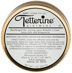 Back of Tetterine 1 ounce tin displaying active ingredients and safety warnings