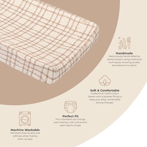 Close up of neutral plaid pattern on Crane Baby organic cotton changing mat cover