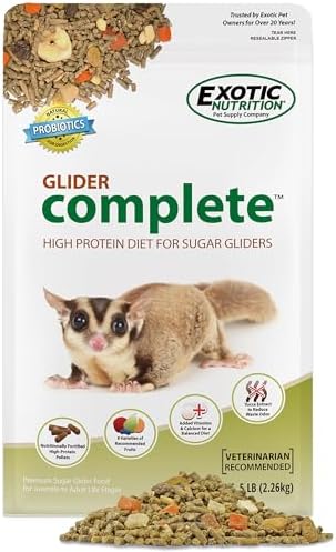 Premium sugar glider food pellets mixed with dried fruit chunks close up view