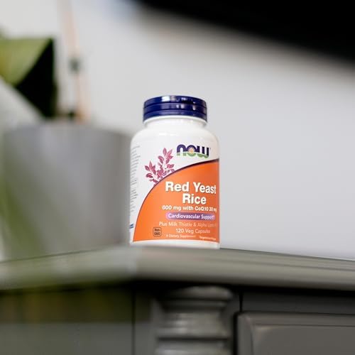 Side angle view of NOW Foods Red Yeast Rice one hundred twenty capsules bottle.