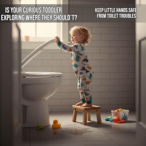Firstblow premium childproofing latch mounted securely on a standard round toilet bowl lid.