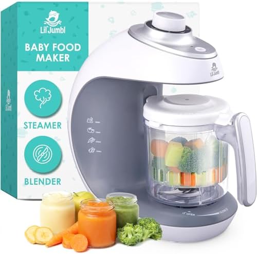 Lil Jumbl baby food maker side angle displaying the integrated water reservoir cap and timer dial