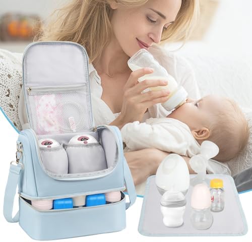 Lifestyle shot of Jaffzora breast pump bag organized with bottles and accessories