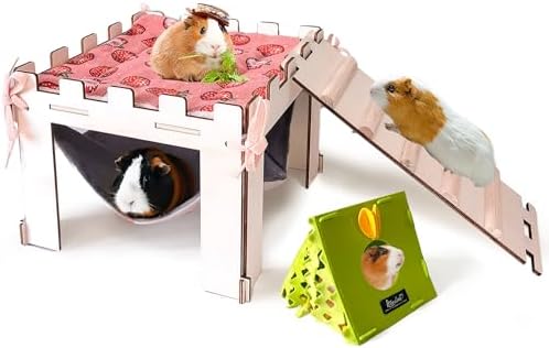 Acsist small animal castle showing the lower level hanging plush hammock and cozy fleece mat setup.