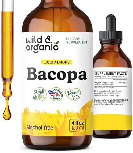 Side view of Wild And Organic Bacopa Monnieri tincture showing the supplement facts panel and ingredients list.