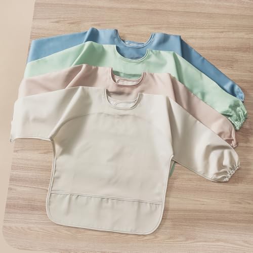 Easy to wipe waterproof baby apron showing the durable stitched seams
