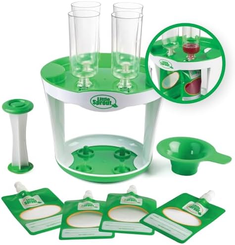 Sprout Cups infant puree squeezer station showing how the plunger inserts into the food tubes.