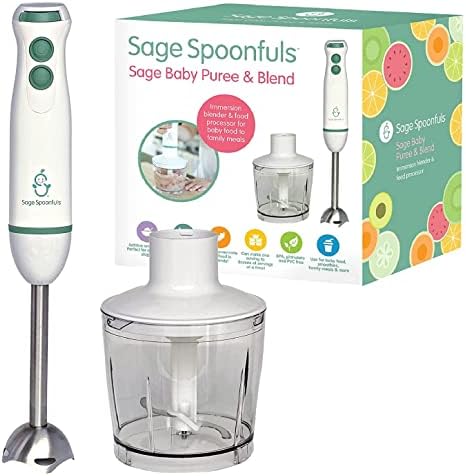 Sage Spoonfuls white and green handheld immersion blender puréeing fresh organic vegetables