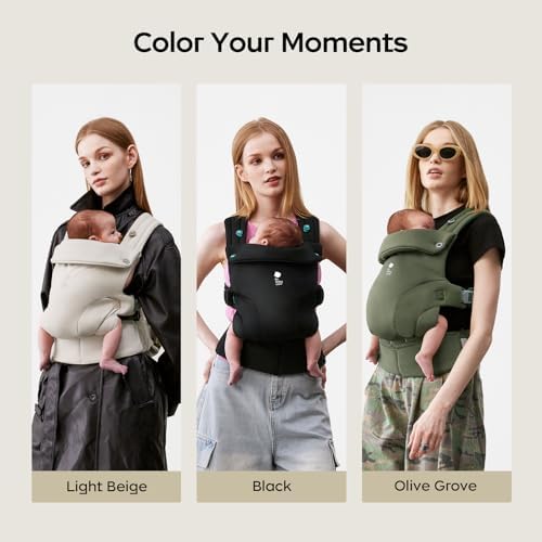 Side view of parent wearing black baby carrier