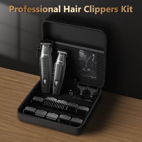 Ergonomic Ufree electric beard trimmer being stored inside its premium gray travel case