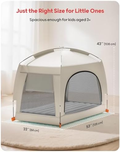Top down view of a child resting comfortably inside the secure boundaries of the QPAU travel mattress and tent combo.