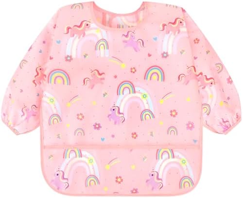 Accmor waterproof toddler smock bibs displaying cute unicorn and dinosaur patterns for mealtime protection.