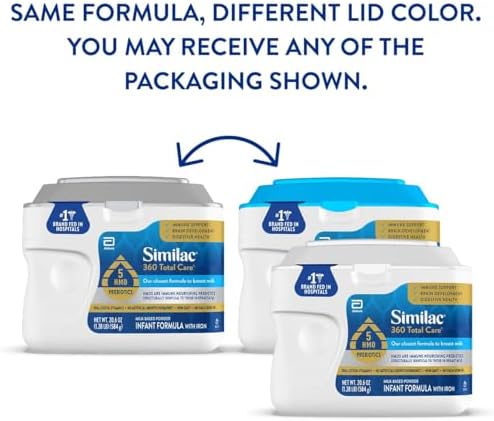 Similac 360 Total Care baby formula powder packaging displaying the five HMO prebiotics seal