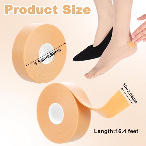 Adhesive mole skin tape being applied to a heel to prevent shoe chafing.