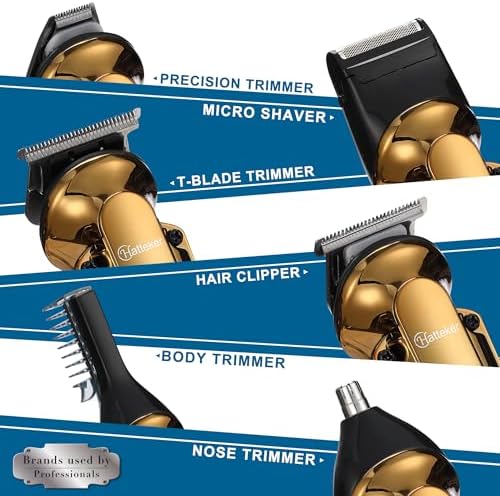Hatteker gold grooming kit resting on its convenient charging and storage stand.