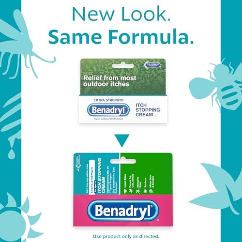 Benadryl Extra Strength anti-itch cream tube showcasing the active ingredients diphenhydramine and zinc acetate.