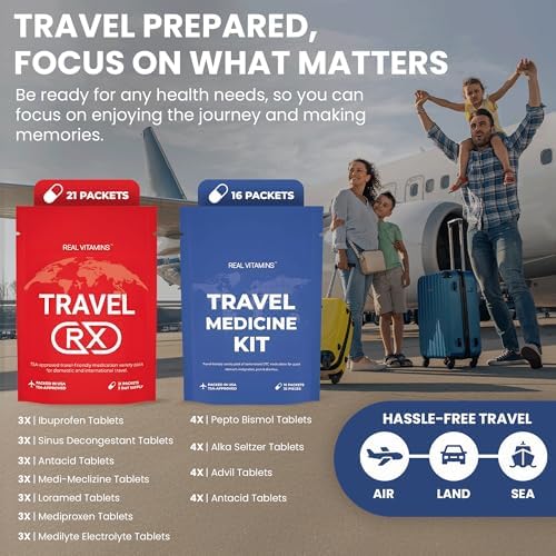 Real Vitamins medicine kit stored inside a travel carry-on bag for organization.