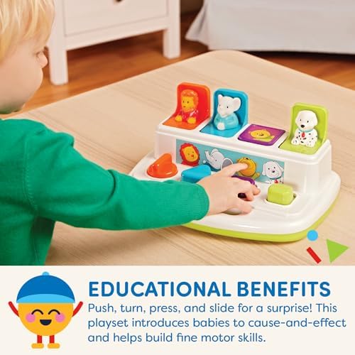 Top down shot of the teal orange purple and green mechanisms on the educational toy