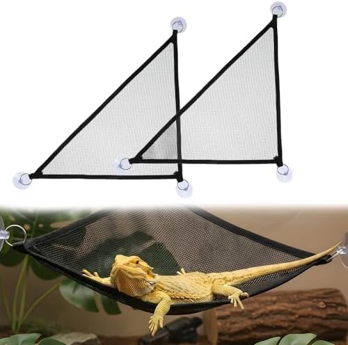 Two pack breathable mesh reptile loungers with suction cups attached to corner walls