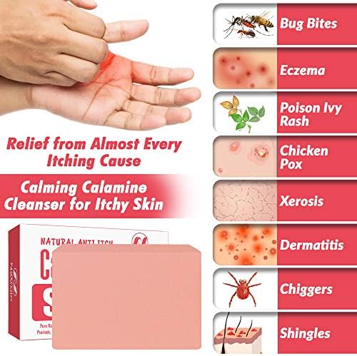 Calamine soap for itching and insect bites packaging detailing natural ingredients