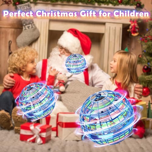 Kiytarboo flying ball toy package contents including the blue interactive spinner drone and its USB charging cord.