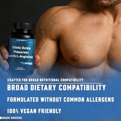 Basic Greens L-Arginine 3000mg bottle and ingredients display