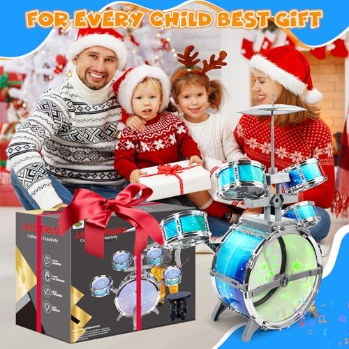 LeeQee child sized musical drum set under glowing LED display