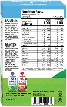 Once Upon a Farm Pear-y Blueberry Spinach pouch nutritional values and organic certification seal.