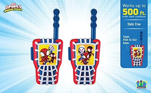 Side angle of eKids Spider-Man two way radios highlighting the push to talk button.