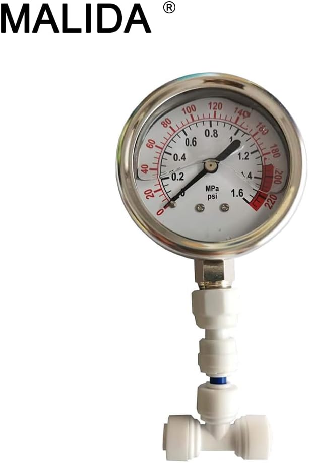 Malida reverse osmosis pump pressure gauge installed on standard flexible water line tubing for diagnostic testing.
