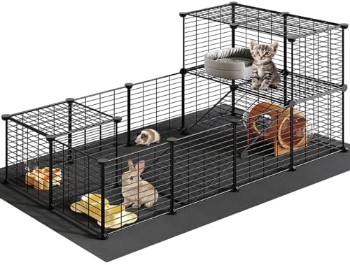 HOOBRO 24 Panels Guinea Pig Cage with Waterproof Mat and Ramp, 57" x 31.5" x 23.6" Loft Design Small Animal Playpen, Rabbit Cage, Bunny Cage, Pet Playpen, Indoor Outdoor Yard Fence, Black BK03PP03 - Image 2