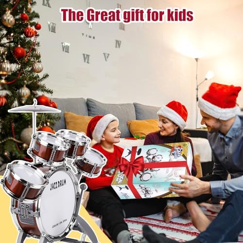 OoneWiser kids acoustic drum kit packaged layout showing easy tool free assembly instructions.